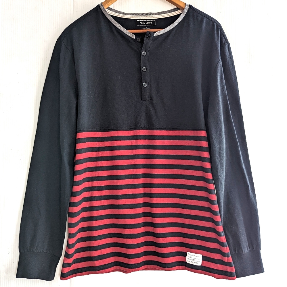ADAM LEVINE Henley black and red striped colorblock long sleeve tshirt New!